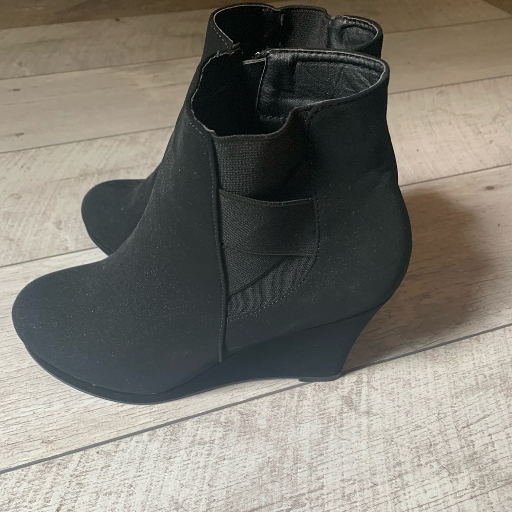 3/$30 Black faux suede wedge booties, NWOT